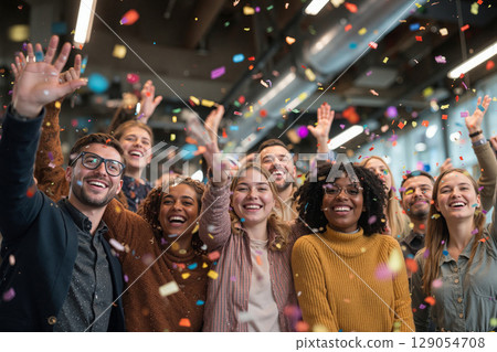 Group of happy people celebrating with confetti...-插圖素材 [129054708