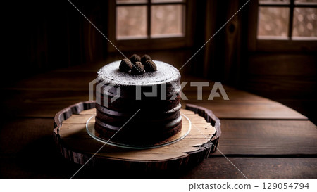 Decadent Chocolate Cake with Powdered Sugar and Chocolate Truffles on a Rustic Wooden Platter 129054794