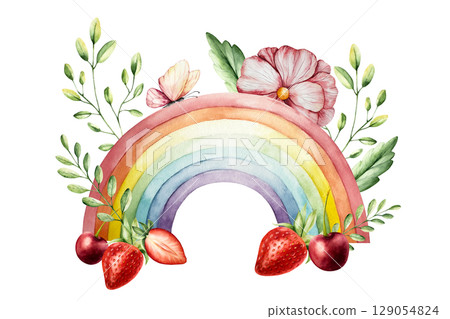 Watercolor hand drawn rainbow magical clipart with Spring flowers and branches with leaves. Watercolor berry, strawberry, cherry, gerbera, chamomile, echinacea isolated on background, cartoon 129054824