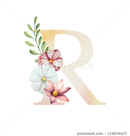 Watercolor letter R with floral ornament and soft foliage, gerbera, chamomile, echinacea. Delicate hand drawn alphabet, butterfly and botanical elements in elegant. Transparent PNG, perfect for Watercolor letter R with floral ornament and soft foliage, gerbera, chamomile, echinacea. Delicate hand drawn alphabet, butterfly and botanical elements in elegant. Transparent PNG, perfect for 129054825