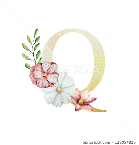 Watercolor letter P with floral ornament and soft foliage, gerbera, chamomile, echinacea. Delicate hand drawn alphabet, butterfly and botanical elements in elegant. Transparent PNG, perfect for 129054826