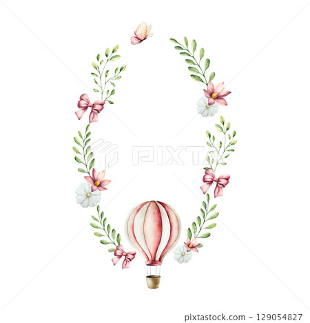 Spring flowers and branches with leaves, air balloon butterfly wreath, frame. Watercolor logo with gerbera, chamomile, echinacea. Hand drawn wildflower art isolated on background, transparent png Spring flowers and branches with leaves, air balloon butterfly wreath, frame. Watercolor logo with gerbera, chamomile, echinacea. Hand drawn wildflower art isolated on background, transparent png 129054827