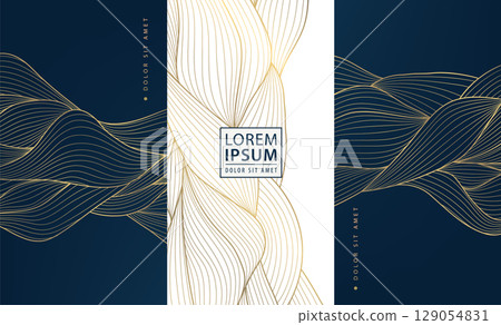 Vector set of abstract line golden japanese waves, art deco water, leaves dynamic flow pattern. Vintage banners, ocean posters, elegant premium ornament banners, cloud covers. 129054831