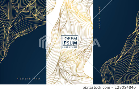 Vector set of abstract line golden japanese waves, art deco water, leaves dynamic flow pattern. Vintage banners, ocean posters, elegant premium ornament banners, cloud covers. 129054840