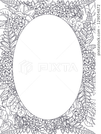 Beautiful hand drawn line art black and white rose flowers and leaves vertical oval frame 129054872