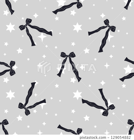 Seamless pattern with cute hand drawn fancy pink bow knots. Pretty retro coquettes wallpaper. Vintage romantic repeat background for wedding, birthday or Valentines decoration 129054882