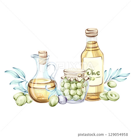 Olives and olive oil illustrated in a beautiful watercolor style showcasing the essence of Italian cuisine and nature Olives and olive oil illustrated in a beautiful watercolor style showcasing the essence of Italian cuisine and nature 129054958