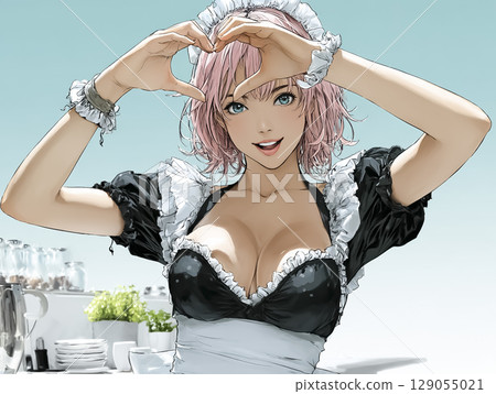 女僕咖啡廳裡，笑容燦爛的美麗女僕擺出愛心手勢。充滿魅力的動畫風格插畫 129055021