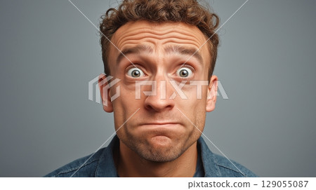 Close-up of a person with curly dark hair wearing a blue denim shirt against a gray background. 129055087
