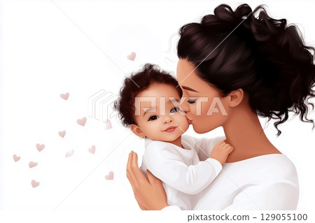Illustration of a mother holding her baby with love, surrounded by small heart motifs. 129055100