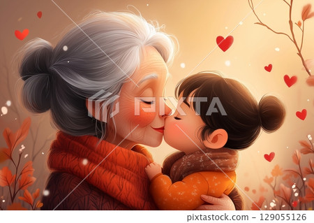 An enchanting illustration displaying a loving embrace between an elder and a child. An enchanting illustration displaying a loving embrace between an elder and a child. 129055126