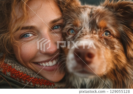 Close-up portrait of an Australian Shepherd dog with striking blue eyes and a textured coat 129055128