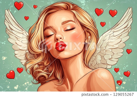 Artistic illustration of an angelic figure with flowing blond hair and detailed white wings Artistic illustration of an angelic figure with flowing blond hair and detailed white wings 129055267