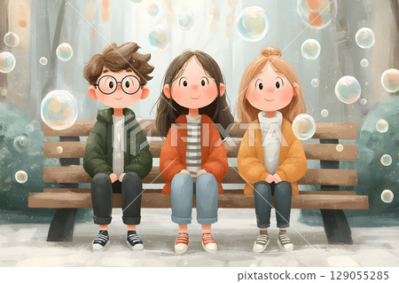 Charming illustration of three friends sitting on a bench surrounded by floating bubbles. Charming illustration of three friends sitting on a bench surrounded by floating bubbles. 129055285
