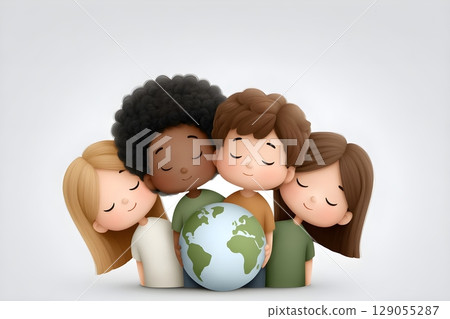 A digital illustration featuring a diverse group of children holding a globe, emphasizing unity 129055287