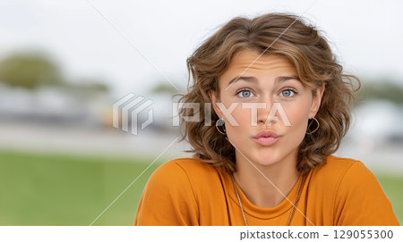 Portrait of a person with short wavy brown hair wearing an orange shirt, captured outdoors. 129055300