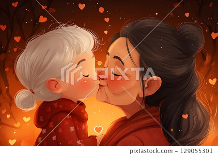 Heartfelt illustration of a young girl with silver hair embraced by an older woman with dark hair. 129055301