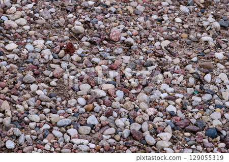 Colorful gravel surface at a construction site showcasing various stone sizes and textures during a sunny day in an urban area Colorful gravel surface at a construction site showcasing various stone sizes and textures during a sunny day in an urban area 129055319