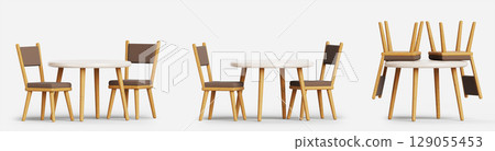 Dining room group, round table and chairs upside down. Render 3d set of empty interior furniture for home, restaurant or cafe. Kitchen desk of white plastic top, wooden legs and seats. 3D illustration 129055453