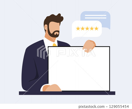 Businessman with blank board for presentation, man holding poster with space for text, analytics, graphics. Flat vector business illustration. 129055454
