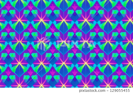 Colorful geometric seamless pattern with vibrant shapes in blue, green, purple, and orange tones, modern abstract mosaic design for backgrounds, textiles, and digital art projects 129055455
