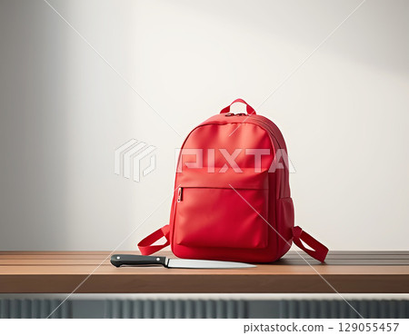 Red backpack placed on wooden bench next to a large kitchen knife, minimalistic scene with neutral background, concept of danger, suspense, or mystery 129055457
