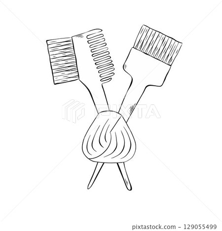 Hair coloring brush, comb and curl Salon composition. Vector graphic line ink illustration. Banner, poster, wrapping paper, sticker, print, modern textile design. Hair coloring brush, comb and curl Salon composition. Vector graphic line ink illustration. Banner, poster, wrapping paper, sticker, print, modern textile design. 129055499