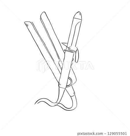 Hair Curler Salon composition. Vector graphic line ink illustration. Coloring Page for Adults and Kids. Coloring Sheet for Stress Relief and Relaxation 129055501
