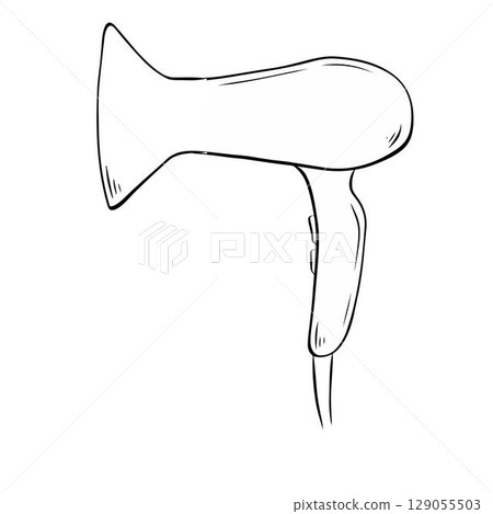 Hair dryer Salon composition. Vector graphic line ink illustration. isolated on white background. for hairdressing salon or barbershop tools illustration, hair care concept. Hair dryer Salon composition. Vector graphic line ink illustration. isolated on white background. for hairdressing salon or barbershop tools illustration, hair care concept. 129055503