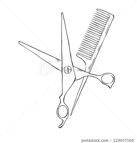 Scissors and hairbrush Salon composition. Vector graphic line ink illustration. graphic icon. Sign crossed scissors and hairbrush isolated on white background. Barbershop symbols. 129055508