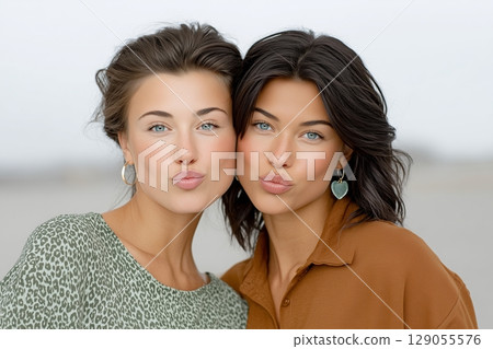 Close-up of two women standing closely together, showcasing their friendship and connection. Close-up of two women standing closely together, showcasing their friendship and connection. 129055576