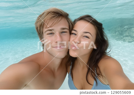 Captivating underwater selfie showcasing a couple enjoying a refreshing swim in clear blue water 129055609