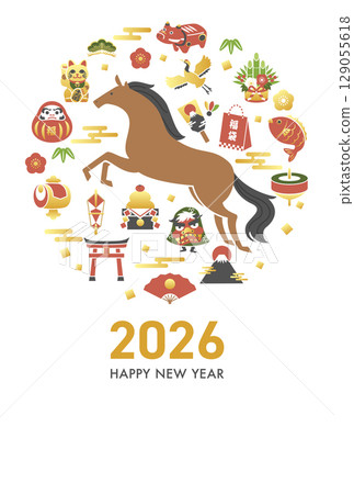 2026 馬年新年賀卡模板，帶有馬和幸運符（向量插圖） 129055618
