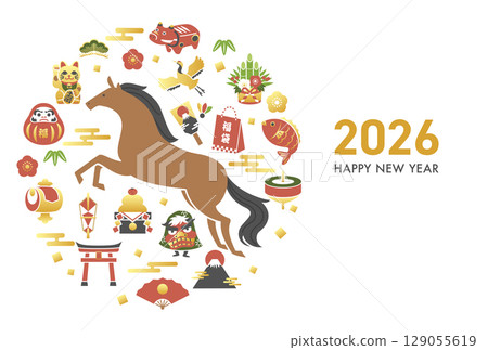 2026 馬年新年賀卡模板，帶有馬和幸運符（向量插圖） 129055619