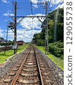 Beyond the railroad tracks that continue into the summer sky 129055738