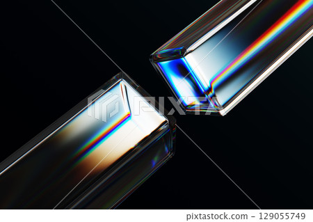 3d black background with glass chromatic cube block shapes render. Abstract crystal diagonal line pattern with rainbow caustic effect, neon light holographic gradient. Digital tech bg. 3D illustration 129055749