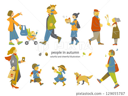 享受秋天的人們——色彩繽紛、充滿樂趣的人物插圖 享受秋天的人們——色彩繽紛、充滿樂趣的人物插圖 129055787