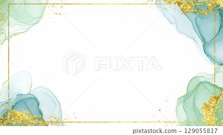 High-quality, thin, and light alcohol ink art in green, with margins, 16:9 aspect ratio, and AI-generated material 129055817