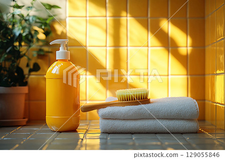 Eco friendly trends. Brush next to a detergent bottle on a light background. Commercial use. 129055846