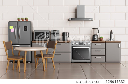 3d kitchen interior with dining table, fridge, oven and hood. Home room with furniture for cooking, microwave, coffee machine, kettle, blender on wood counter top, tile wall and floor. 3D illustration 3d kitchen interior with dining table, fridge, oven and hood. Home room with furniture for cooking, microwave, coffee machine, kettle, blender on wood counter top, tile wall and floor. 3D illustration 129055882