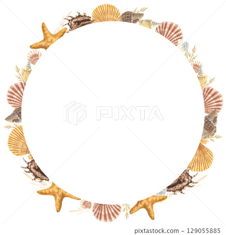 Seashells wreath. Hand drawn watercolor illustration of sea conch and starfish on isolated background. Nautical circle frame. Underwater border for icon or logo in marine style with cockleshells. 129055885