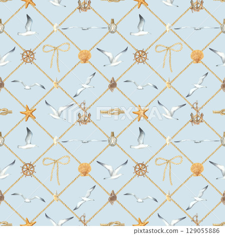 Marine seamless pattern with a seagulls in various poses, steering wheel, rope bow, shells, anchor on a blue background. Hand drawn watercolor illustration in nautical style for fabric, wallpaper. Marine seamless pattern with a seagulls in various poses, steering wheel, rope bow, shells, anchor on a blue background. Hand drawn watercolor illustration in nautical style for fabric, wallpaper. 129055886