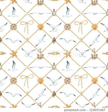 Marine seamless pattern with a seagulls in various poses, steering wheel, rope bow, shells, anchor, on a white background. Hand drawn watercolor illustration in nautical style for fabric, wallpaper. 129055887
