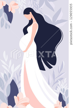 Beautiful pregnant lady surrounded by flowers flat vector illustration. Concept of maternity, pregnancy. Cute woman expecting motherhood and preparing for childbirth. 129055935