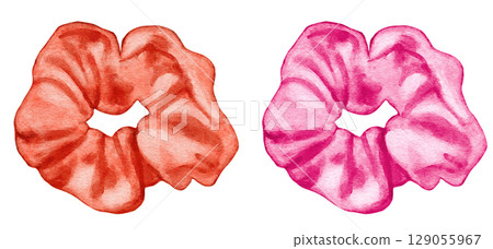 Hand drawn drawing illustration of scrunchie, hairstyling fashio hair accessory. Fashion scruncies stylish elastic silk textile decoration, watercolor modern art, fabric scrunchy band. 129055967