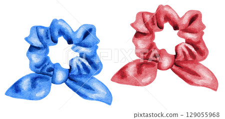 Hand drawn drawing illustration of scrunchie, hairstyling fashio hair accessory. Fashion scruncies stylish elastic silk textile decoration, watercolor modern art, fabric scrunchy band. 129055968