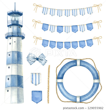 Lighthouse, lifebuoy, bunting garland and bow in blue and brown colors. Hand drawn watercolor illustration of marine themes attributes on isolated background. Nautical concept for posters or cards. 129055982