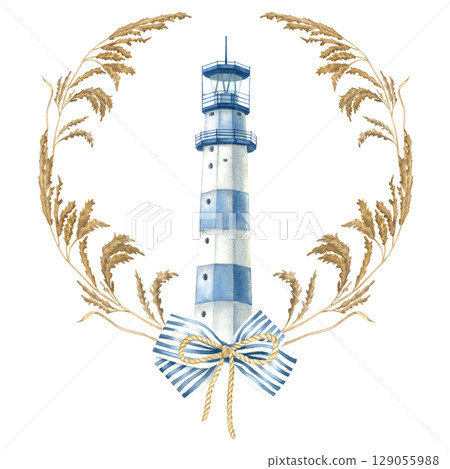 Semicircular frame of dried reeds with blue striped bow and lighthouse in the center. Hand drawn watercolor illustration of dry wildflower and beacon on isolated background. Nautical design for icon. 129055988
