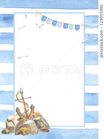 Watercolor template with rusty anchor for children's greeting cards or children's invitations. Drawing of a frame with marine attributes in blue and beige tones. Hand drawn marine illustration. 129055990