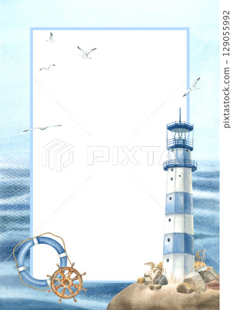 Watercolor template with lighthouse stands on shore, steering wheel and lifebuoy for children's greeting cards or children's invitations. Frame with marine attributes in blue. Hand drawn illustration. 129055992